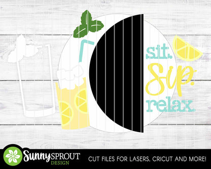 Lemonade Sit Sip Relax Sign, Digital Download, SVG Laser Cut File, Cricut, Summer Patio Round Door Hanger Design