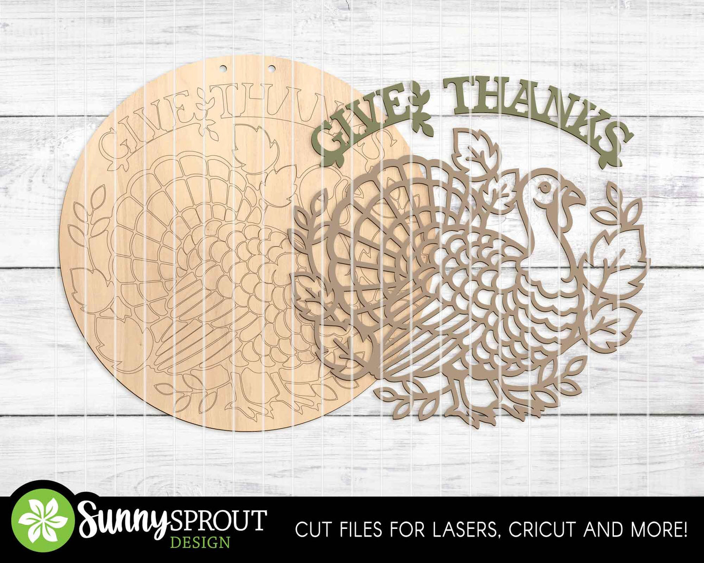 Give Thanks Turkey Outline Sign, Digital Download, SVG Laser Cut File, Cricut, Round Thanksgiving Fall Door Hanger Design