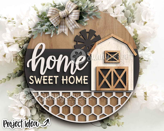 Home Sweet Home Barn Windmill Sign, Digital Download, SVG Laser Cut File, Cricut, Farmhouse Round Door Hanger Design