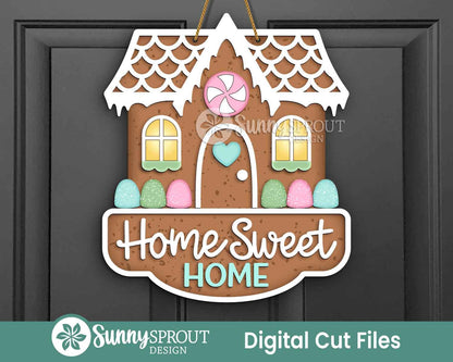 Home Sweet Home Gingerbread House Sign, Digital Download, SVG Laser Cut File, Cricut, Door Hanger Design, Christmas Decor