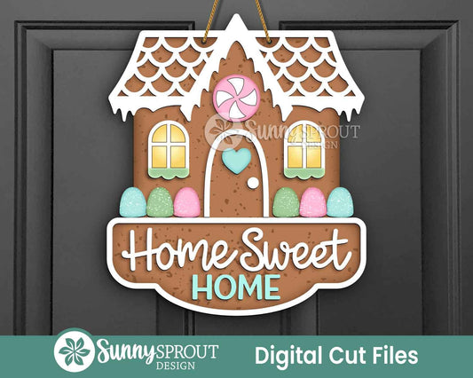 Home Sweet Home Gingerbread House Sign, Digital Download, SVG Laser Cut File, Cricut, Door Hanger Design, Christmas Decor