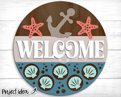 Welcome Anchor Seashell Sign, Digital download, SVG Laser cut file, Cricut, Round door hanger design, Ocean coastal beach decor