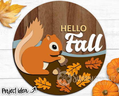 Hello Fall Squirrel Leaves Acorn Sign, Digital Download, SVG Laser Cut File, Cricut, Round Autumn Door Hanger Design