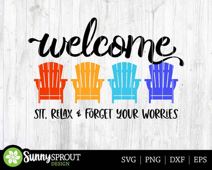 Welcome Adirondack Chair Sign, Digital Download, Cricut SVG Cut File, Summer Beach Patio Round Door Hanger Design
